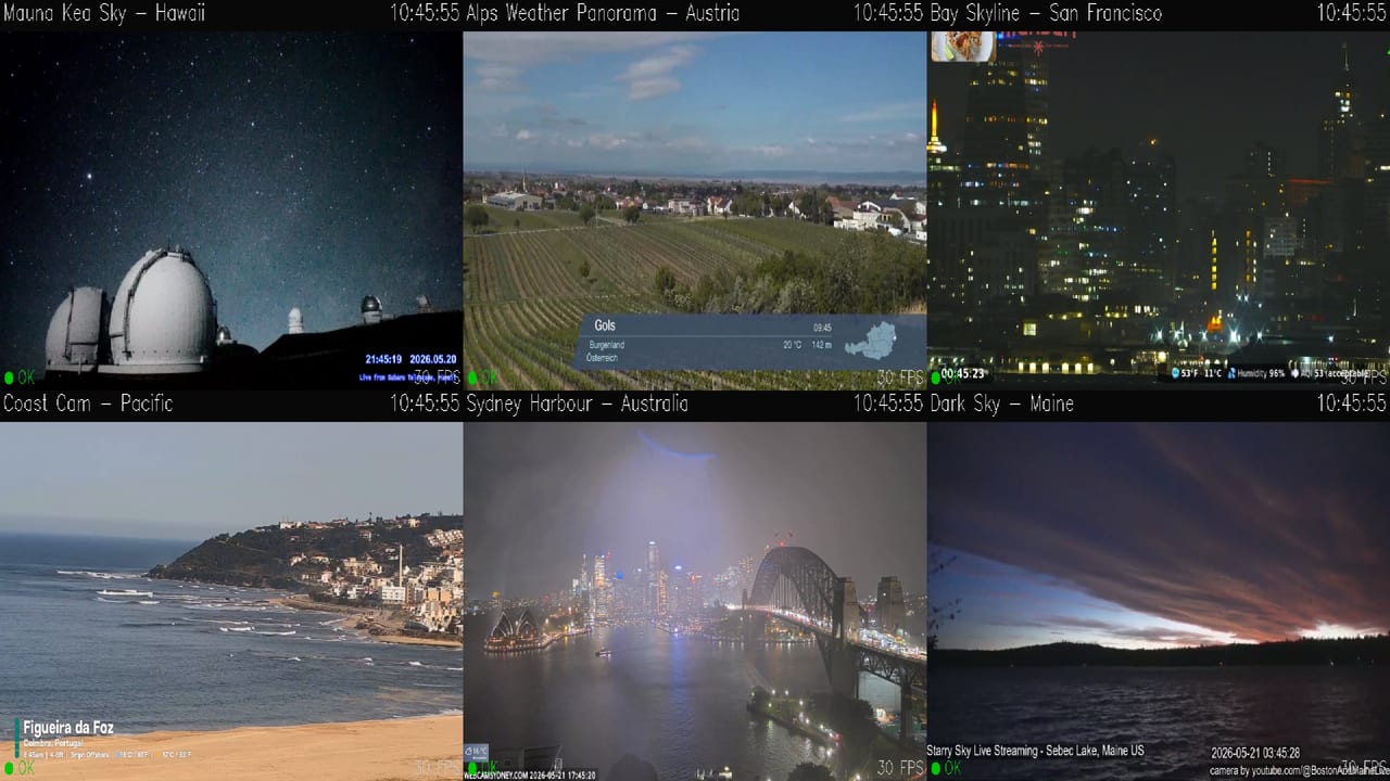 SkyWatch's live monitoring grid: six public sky and skyline camera feeds tiled together, each cell labeled with its camera name and a live timestamp.